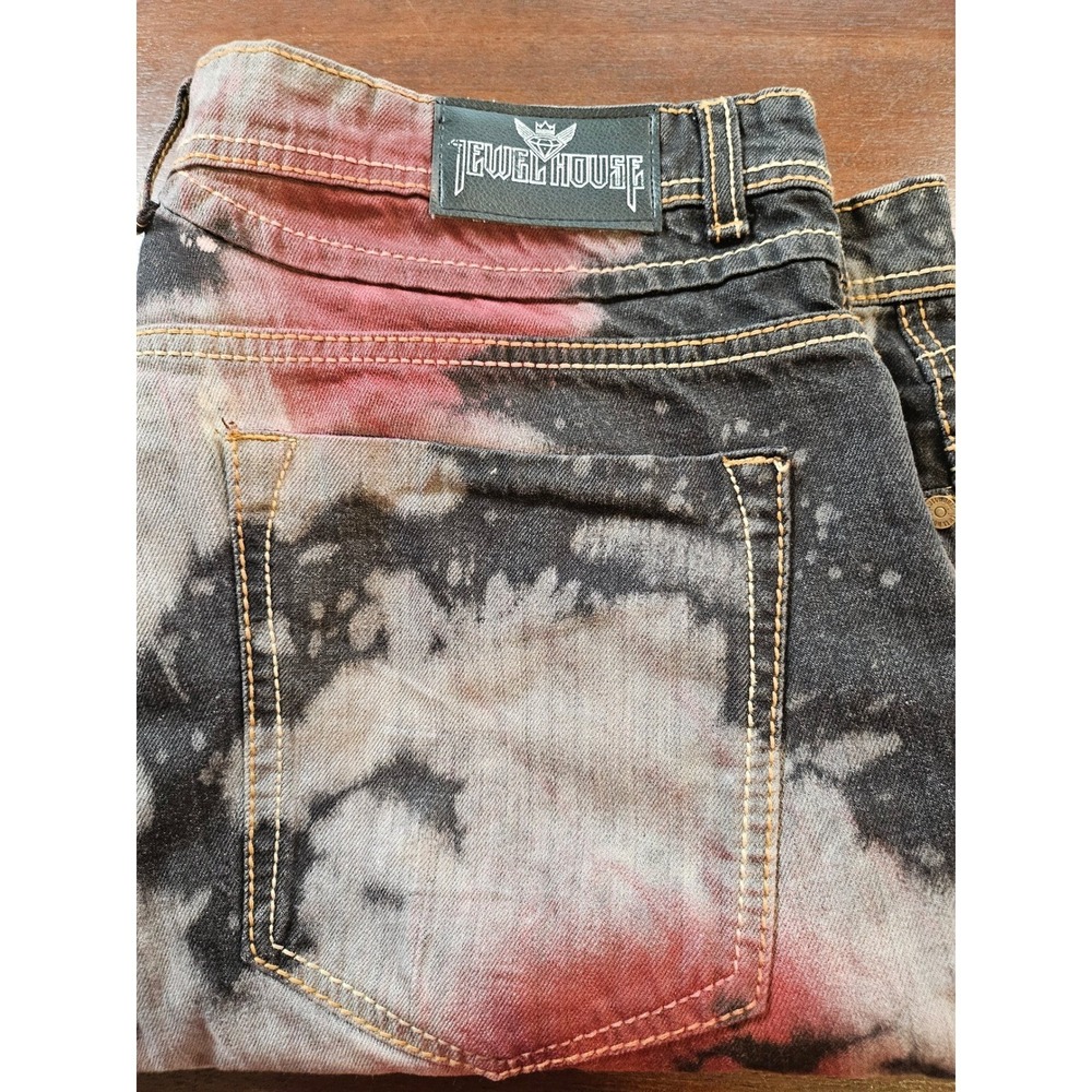 Jewel House Mens 44 Bleach Wash Red Tie Dye Splatter Denim Jeans Straight Leg